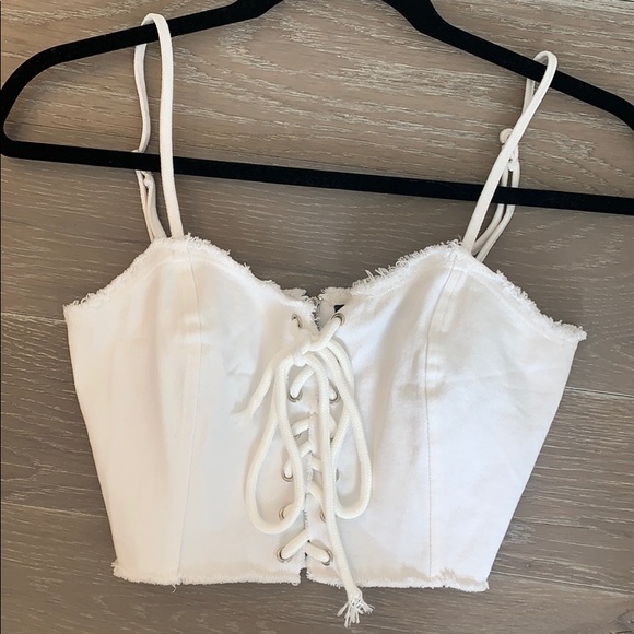 Forever 21 Tops - NWT F21 white denim lace up zip back crop top!!